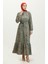 Çiçek Desenli Kuşaklı Elbise 0365-02 Haki 2
