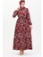 Desenli Viskon Elbise 0489-03 Bordo 2