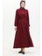 Düğmeli Kuşaklı Elbise 0462-03 Bordo 2