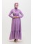 Pıtpıt Desenli Kuşaklı Elbise 0383-05 Lila 2