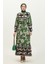Etek Ucu Büzgülü Desenli Elbise 0377-02 Siyah Yeşil 1