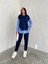 Kadın Mavi Beyaz Çizgili Modern Tasarım Uzun Kollu Gömlek Detaylı Sweatshirt Modal Takım 5