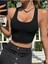 Kadın Boyun Askılı U Yaka Yüzücü Sırtlı Siyah Renk Fitilli Crop Top Bluz 3