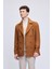 Camel Slim Fit Düz Kruvaze Yünlü Kaşe Kaban 3