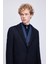 Lacivert Slim Fit Ceket Yaka Yünlü Kaşe Palto 4