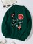 Oversize Bisiklet Yaka Basic Rose Love Baskılı Sweatshirt - Koyu Yeşil 1
