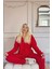 Kırmızı Düz Önden Düğmeli Peluş Polar Pijama Takımı 4