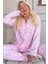 Açık Pembe Kalp Desenli Önden Düğmeli Peluş Polar Pijama Takımı 1