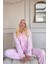 Açık Pembe Kalp Desenli Önden Düğmeli Peluş Polar Pijama Takımı 3