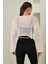 Kadın Ekru Önü Bağcıklı Delikli Crop Hırka 4
