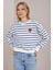Kadın Indigo Bisiklet Yaka Çizgili Kalp Nakışlı Iki Iplik Basic Sweatshirt 1
