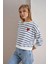 Kadın Indigo Bisiklet Yaka Çizgili Kalp Nakışlı Iki Iplik Basic Sweatshirt 2