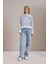 Kadın Indigo Bisiklet Yaka Çizgili Kalp Nakışlı Iki Iplik Basic Sweatshirt 4