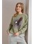 Kadın Olive Bisiklet Yaka Eagles Baskılı Üç Iplik Basic Sweatshirt 1