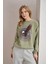 Kadın Olive Bisiklet Yaka Eagles Baskılı Üç Iplik Basic Sweatshirt 2