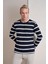 Erkek Lacivert Bisiklet Yaka Yatay Çizgili Waffle Sweatshirt 1