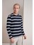 Erkek Lacivert Bisiklet Yaka Yatay Çizgili Waffle Sweatshirt 2