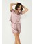 Nakışlı Saten Kısa Kol Şortlu Pijama Takım 033 Vizon 4