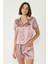 Nakışlı Saten Kısa Kol Şortlu Pijama Takım 033 Vizon 5
