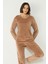 Kadife Bisiklet Yaka Uzun Kol Cepli Pijama Takım 403093 Kahverengi 3