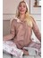 Kahve Etnik Desenli Termal Önden Düğmeli Kadın Pijama Takımı 1