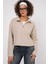Kadın Bej Yakası Fermuarlı Örme Sweatshirt HZL25W-BD1554491 3