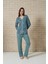 Kadın Önden Düğmeli Üst Kısmı Yaprak Desenli Uzun Kollu Pijama Takımı 1