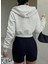 Kadın Siyah Relaxed Zip Fermuarlı Içi Polarlı Üç Iplik Kapüşonlu Crop Hırka Sweatshirt 2