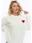 Kadife Kalp Desenli Ekru Yumuşak Dokulu Regular Fit Bisiklet Yaka Kadın Sweatshirt 1