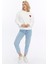 Kadife Kalp Desenli Ekru Yumuşak Dokulu Regular Fit Bisiklet Yaka Kadın Sweatshirt 3