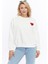 Kadife Kalp Desenli Ekru Yumuşak Dokulu Regular Fit Bisiklet Yaka Kadın Sweatshirt 5