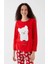 Lcw Young Canlı Kırmızı Baskılı Bisiklet Yaka Nakışlı Uzun Kollu Polar Kadın Pijama Takımı 2