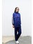Lacivert Kadın Dik Yaka Yarım Fermuarlı Etiket Detaylı Sweatshirt ve Rahat Kesim Şerit Detaylı Pantolon Pamuklu Örme Alt Üst Takım 3