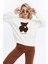 Kadife Be Yourself Desenli Ekru Yumuşak Dokulu Regular Fit Bisiklet Yaka Kadın Sweatshirt 1