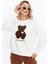 Kadife Be Yourself Desenli Ekru Yumuşak Dokulu Regular Fit Bisiklet Yaka Kadın Sweatshirt 3