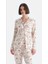 33526 Pamuklu Gömlek Yaka Önden Düğmeli Desenli Kadın Pijama Takımı Pudra 1