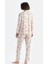 33526 Pamuklu Gömlek Yaka Önden Düğmeli Desenli Kadın Pijama Takımı Pudra 2