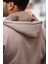 İçi Peluş Üç İplik Kumaş Oversize Fermuarlı Kapüşonlu Sweatshirt- Bej 5