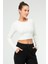 Ekru Slim Fit Pamuklu O Yaka Crop Top Kaşkorse Kadın Tişört SF-0760 4