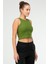 Yağ Yeşili Slim Fit Pamuklu Açık Yaka Crop Top Kaşkorse Kadın Tişört SF-0751 4