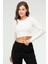 Krem Slim Fit Pamuklu O Yaka Crop Top Kaşkorse Kadın Tişört SF-0760 4