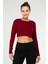 Bordo Slim Fit Pamuklu O Yaka Crop Top Kaşkorse Kadın Tişört SF-0760 1