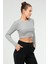 Gri Melanj Slim Fit Pamuklu O Yaka Crop Top Kaşkorse Kadın Tişört SF-0760 4