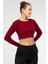 Bordo Slim Fit Pamuklu O Yaka Crop Top Kaşkorse Kadın Tişört SF-0760 4