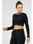 Lacivert Slim Fit Pamuklu O Yaka Crop Top Kaşkorse Kadın Tişört SF-0760 2