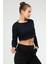 Lacivert Slim Fit Pamuklu O Yaka Crop Top Kaşkorse Kadın Tişört SF-0760 4