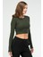 Haki Slim Fit Pamuklu O Yaka Crop Top Kaşkorse Kadın Tişört SF-0760 4