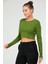 Yağ Yeşili Slim Fit Pamuklu O Yaka Crop Top Kaşkorse Kadın Tişört SF-0760 2