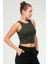 Haki Slim Fit Pamuklu Açık Yaka Crop Top Kaşkorse Kadın Tişört SF-0751 4