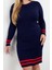 Kadın Moda Şık Büyük Beden Mini Boy Bisiklet Yaka Fitted Fitilli Triko Büyük Beden Elbise 3